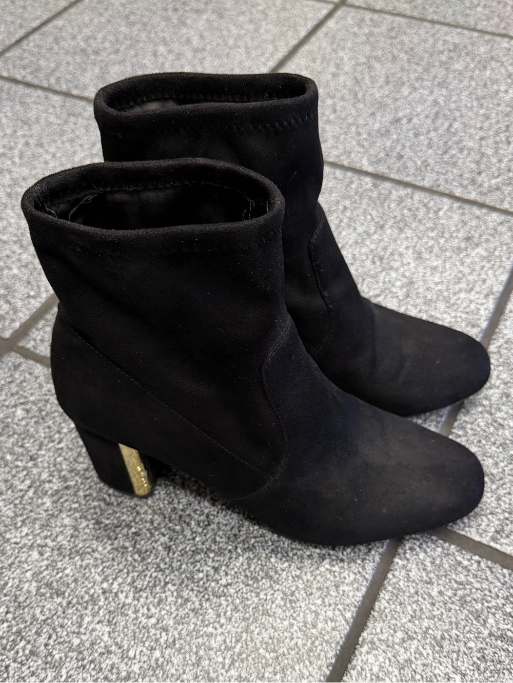 Coach Black Suede Ankle Boots with Gold Accent Heel